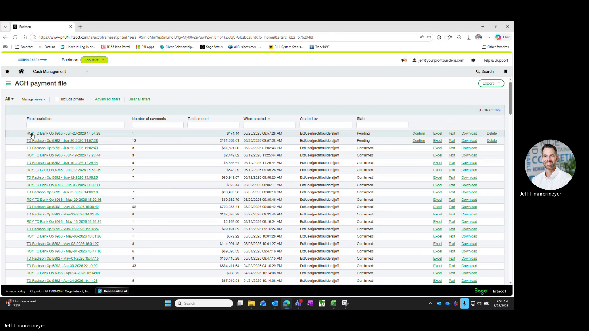 ACH payment file list showing new pending RRS and RCY rows