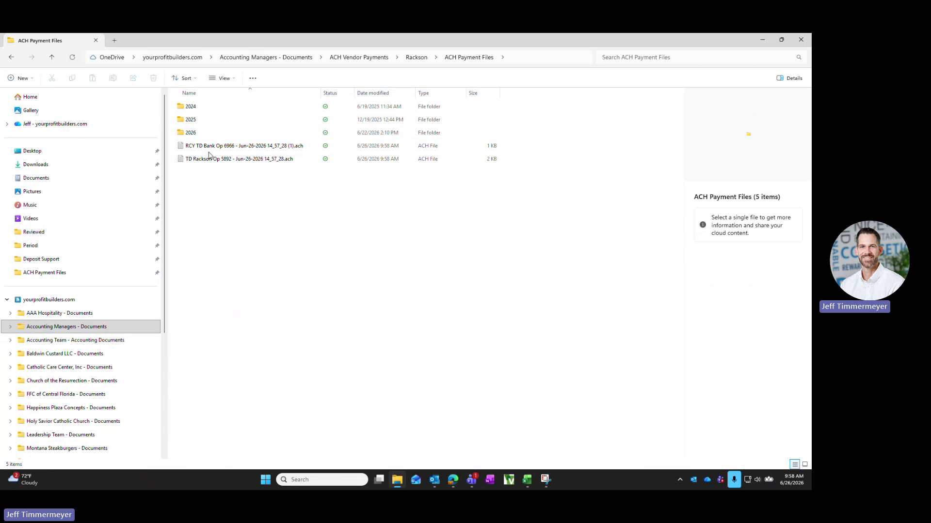 ACH files saved in the OneDrive ACH payment files folder