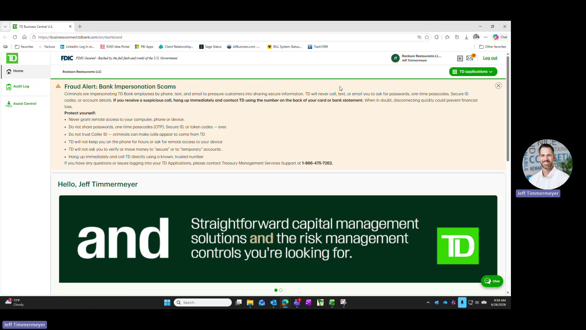 TD Bank Business Connect dashboard
