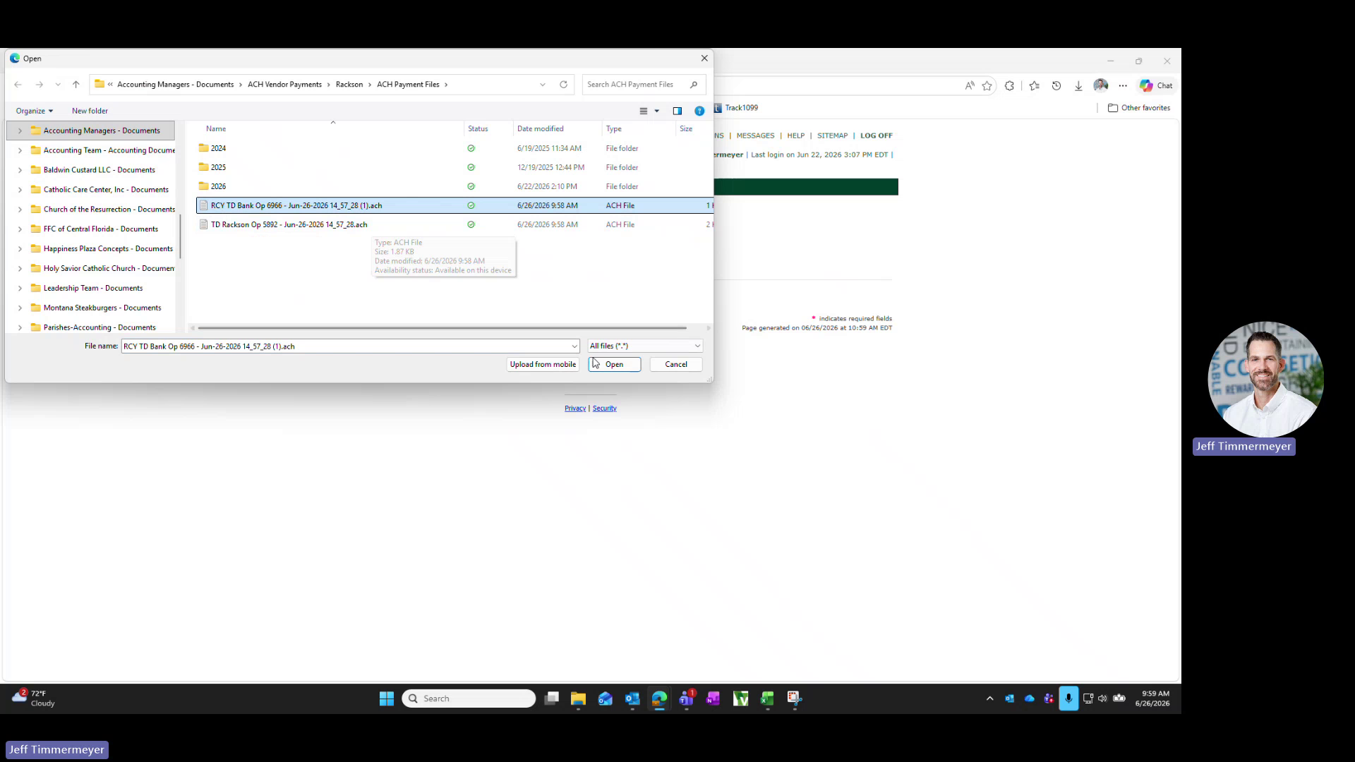 Selecting an ACH file from the OneDrive folder for upload
