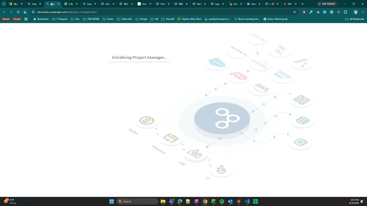 Blank browser page showing the message "Initializing Project Manager..." at the SnapLogic CDN project-manager URL