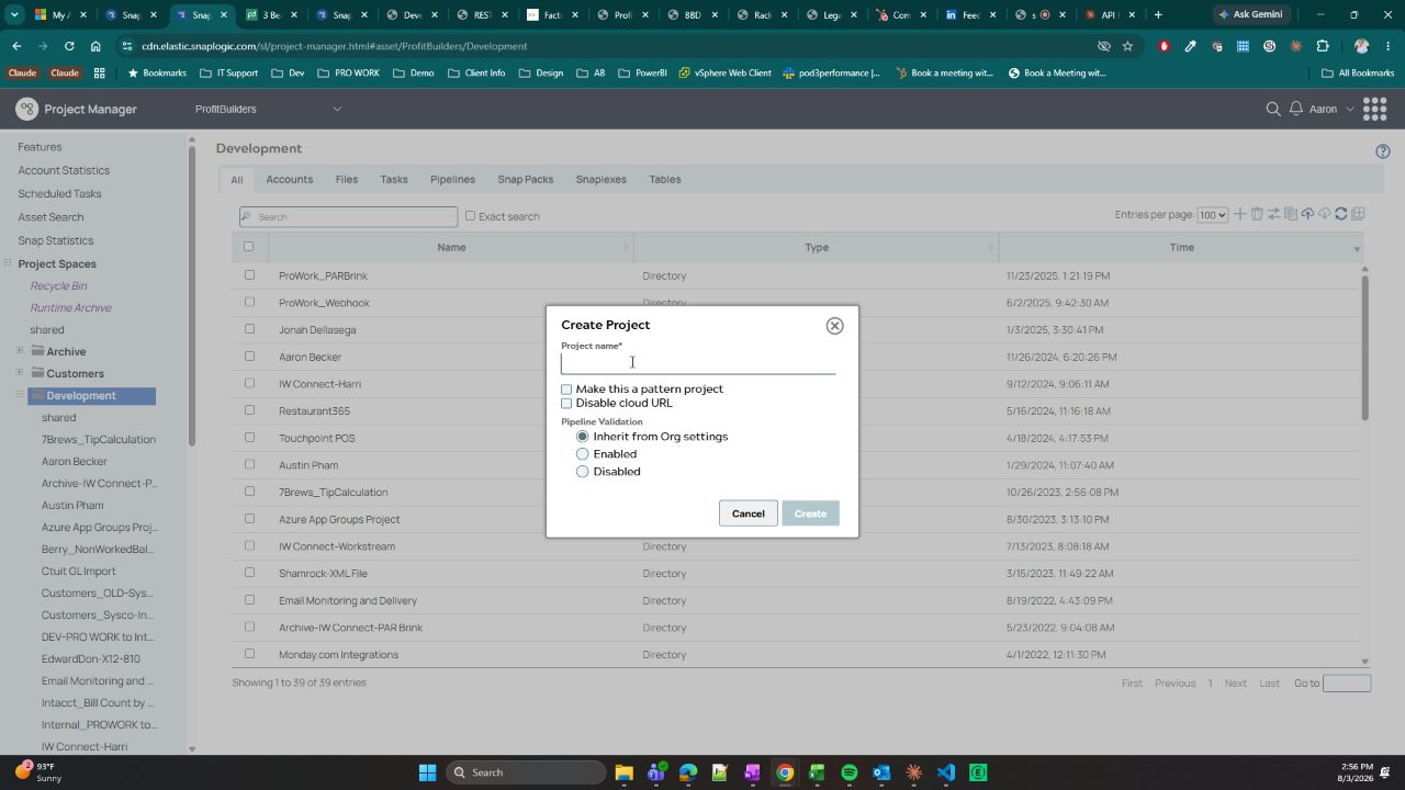 Modal titled Create Project with a required Project name field, checkboxes for making it a pattern project and disabling the cloud URL, Pipeline Validation options set to Inherit from Org settings, and Cancel and Create buttons