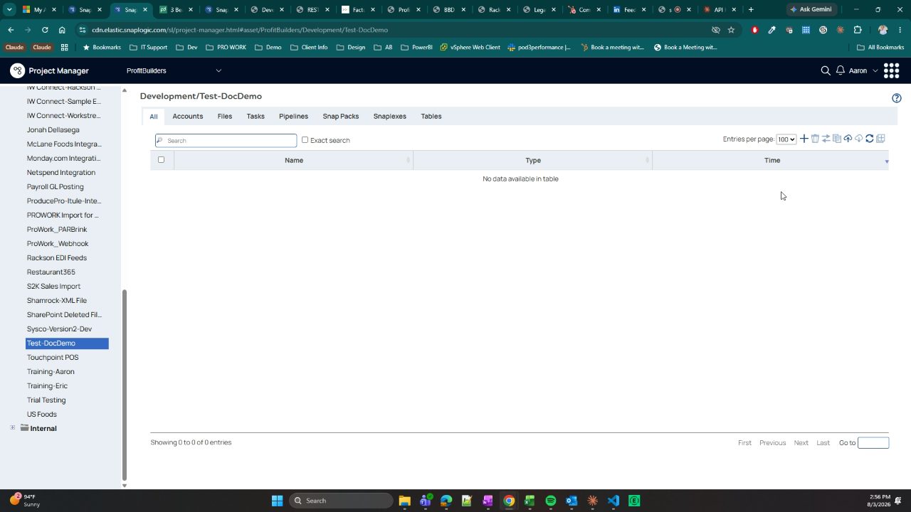 Project Manager showing breadcrumb Development/Test-DocDemo, the asset type tabs All through Tables, and an empty table reading "No data available in table"
