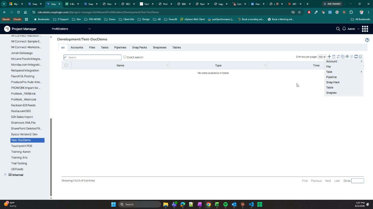 Project Manager asset toolbar with an open dropdown menu listing asset types that can be created in the Test-DocDemo project