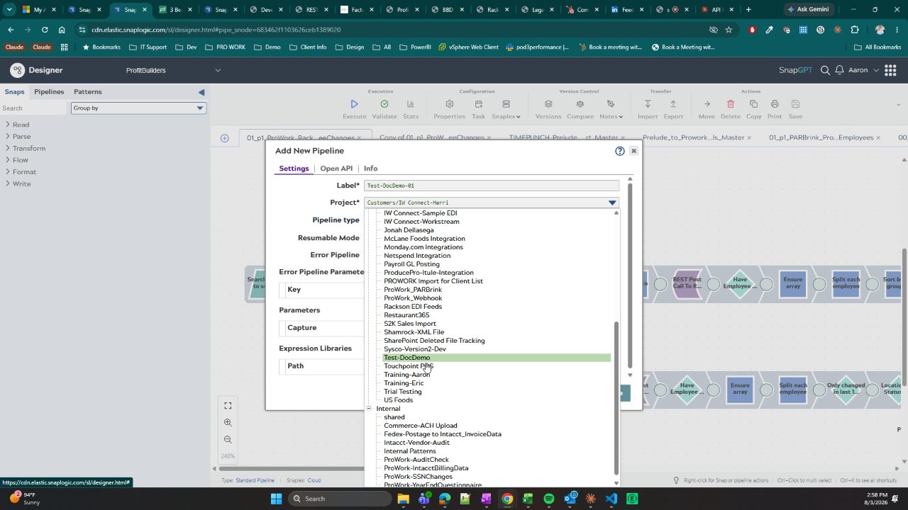 Open Project dropdown in the Add New Pipeline dialog showing a scrolled list of Development projects with Test-DocDemo highlighted