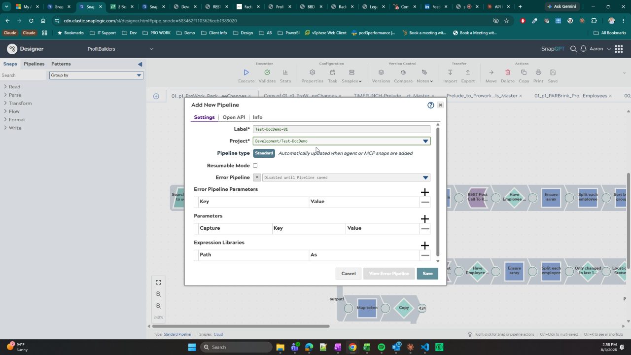 Add New Pipeline modal showing Label Test-DocDemo-01 and Project Development/Test-DocDemo, with Cancel, View Error Pipeline, and Save buttons