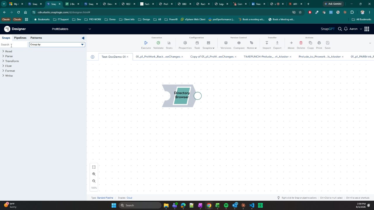 SnapLogic Designer with the Test-DocDemo-01 pipeline tab active, a Directory Browser Snap on the canvas, and the right-hand toolbar showing Execution, Configuration, Version Control, Transfer, and Actions groups including Save