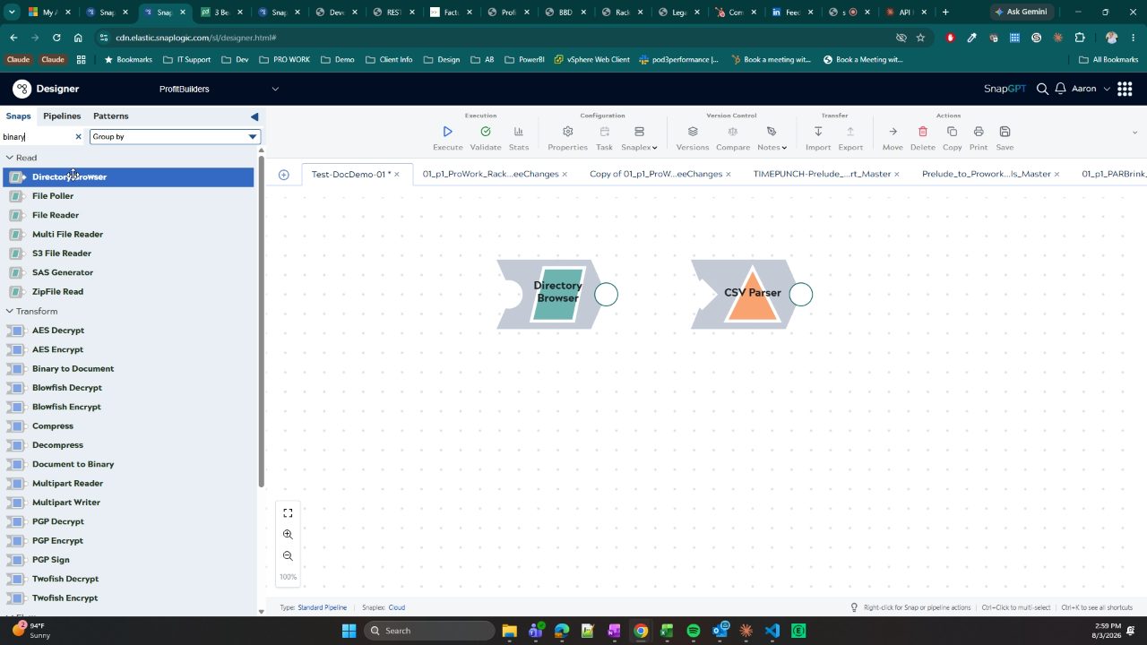 SnapLogic Designer with the Snaps search box filtering to binary-related Snaps under Read and Transform categories, and Directory Browser and CSV Parser Snaps on the canvas