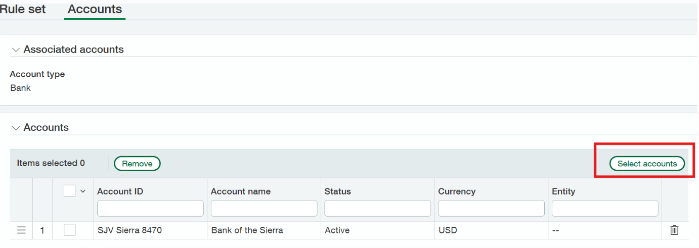 Sage Intacct rule set accounts tab