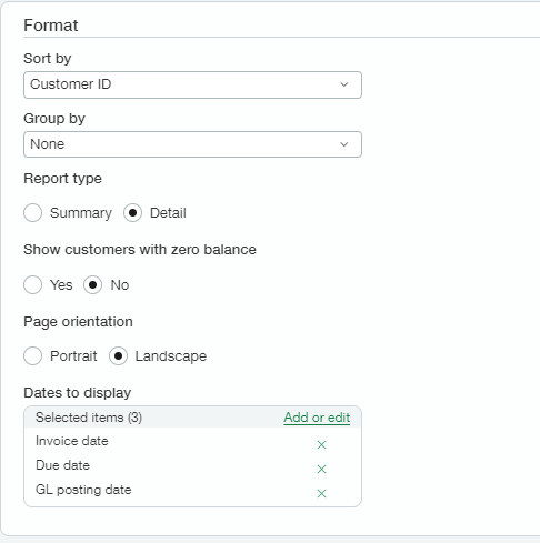 Sage Intacct aging report format settings