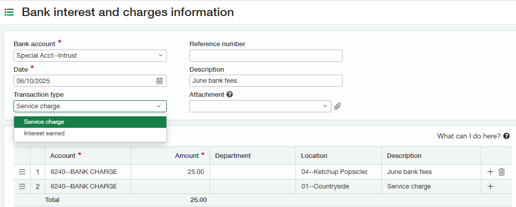 Sage Intacct bank interest and charges screen