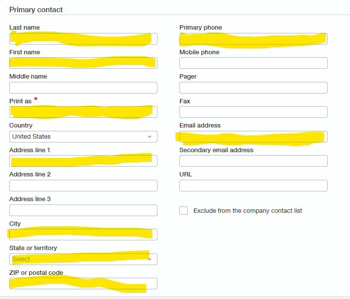 Sage Intacct vendor contact information fields
