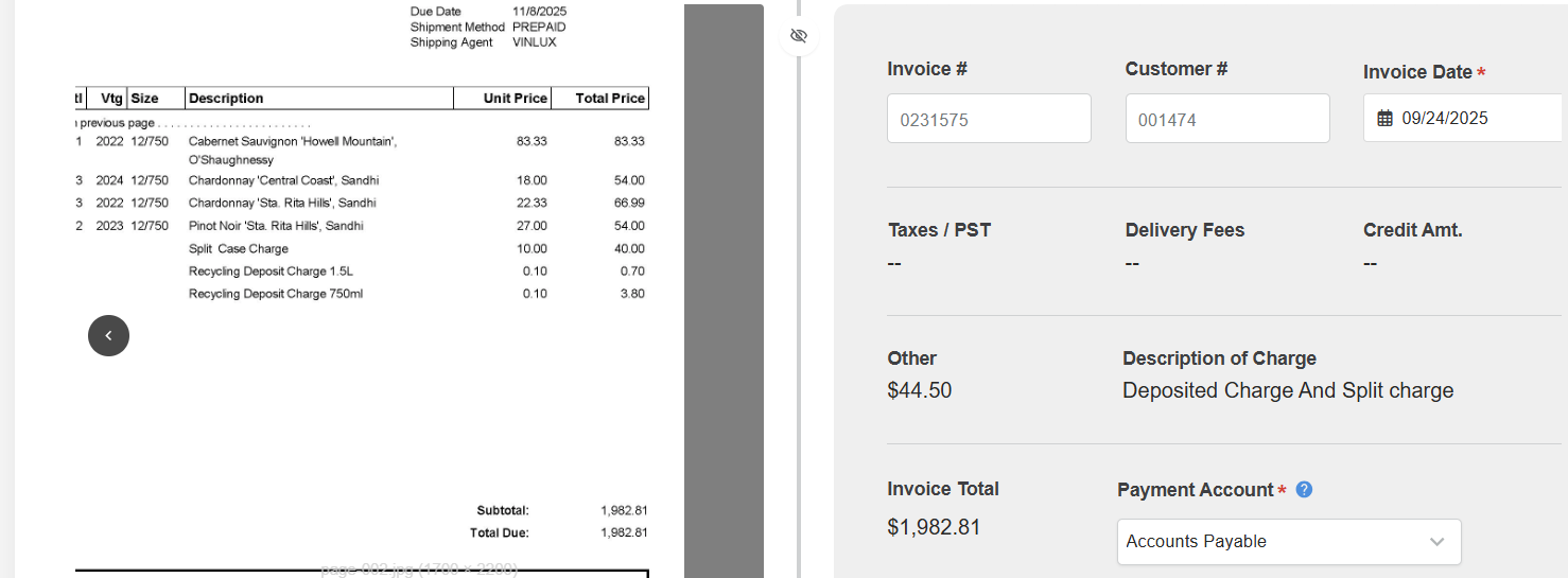 MarginEdge invoice coding detail