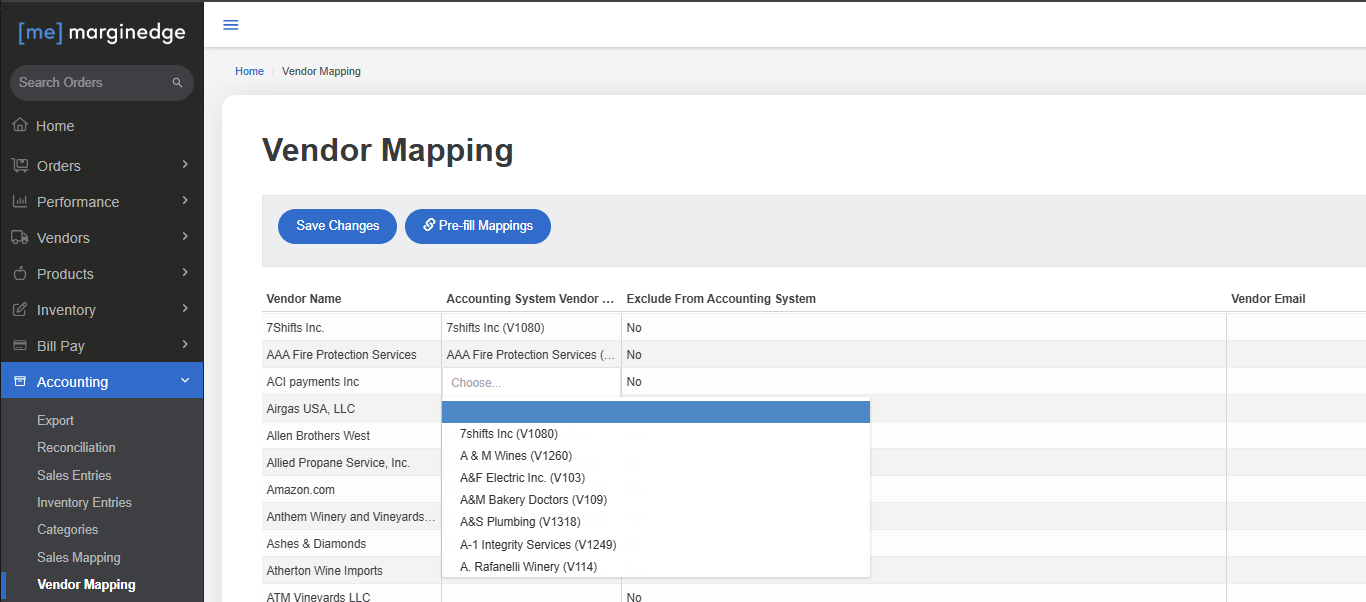 MarginEdge vendor mapping screen