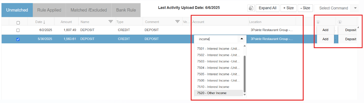 Restaurant365 adding a deposit from bank activity