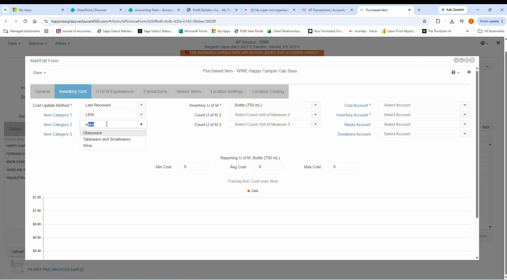 R365 Inventory Cost tab with Item Category 1 set to LBW and the Category 2 dropdown showing Glassware, Tableware and Smallwares, and Wine