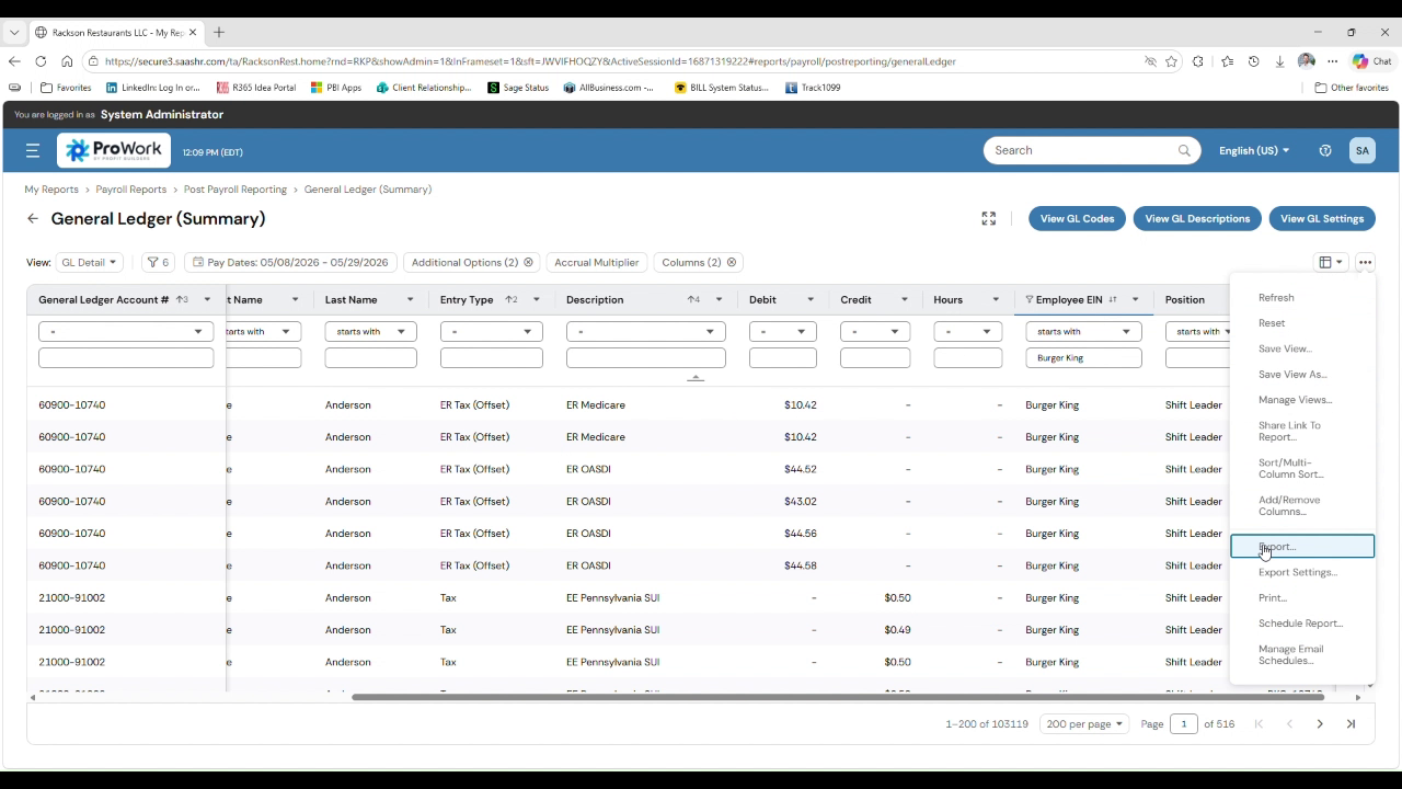 ProWork location filter set to BKC with the export menu open