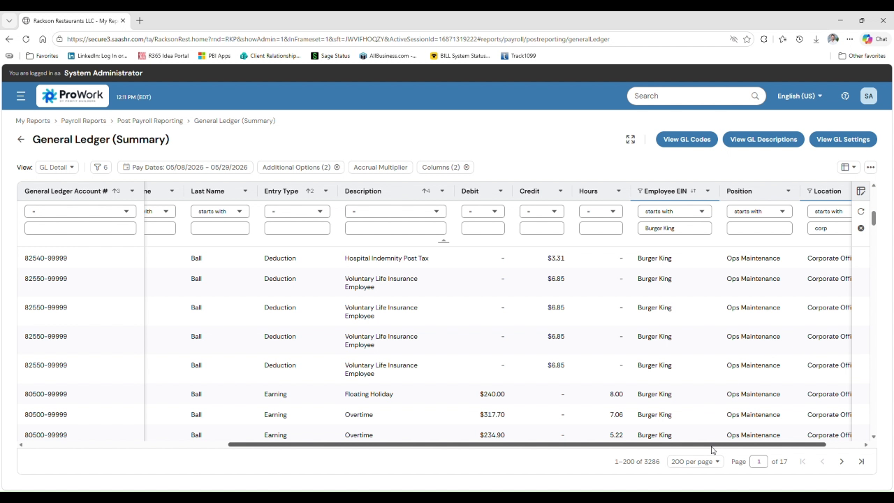ProWork location filter changed to corp showing corporate office results