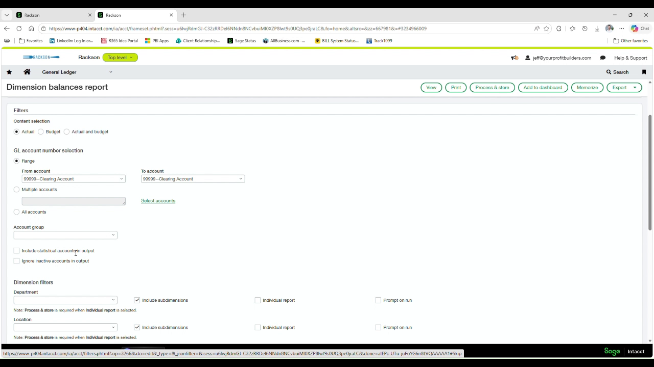 Dimension balances report configured for the clearing account