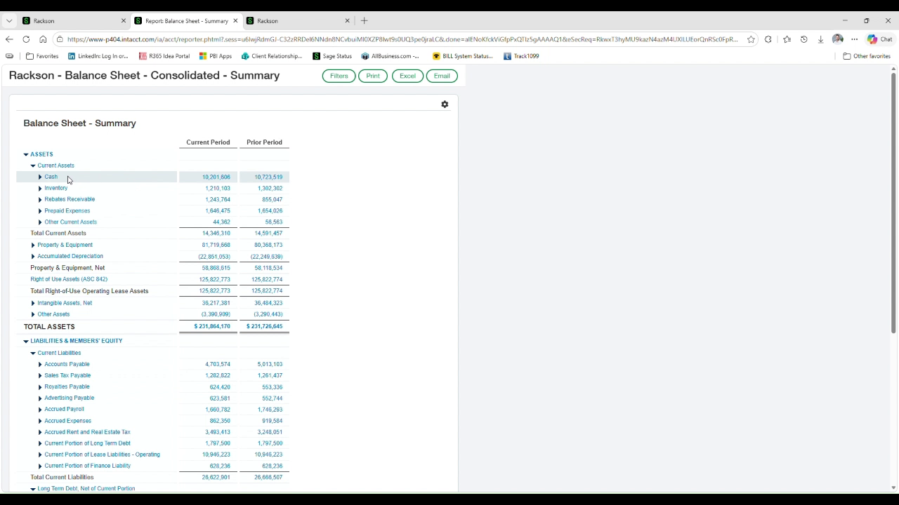 Balance sheet consolidated summary with the cash balance highlighted