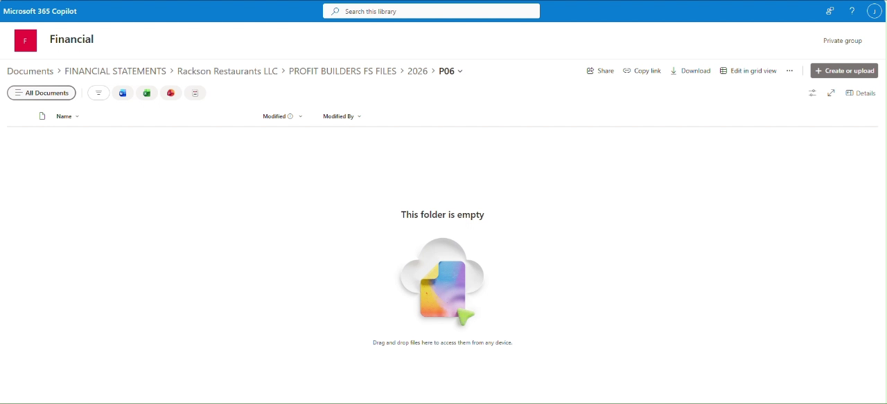 New empty P06 period folder on the client SharePoint site