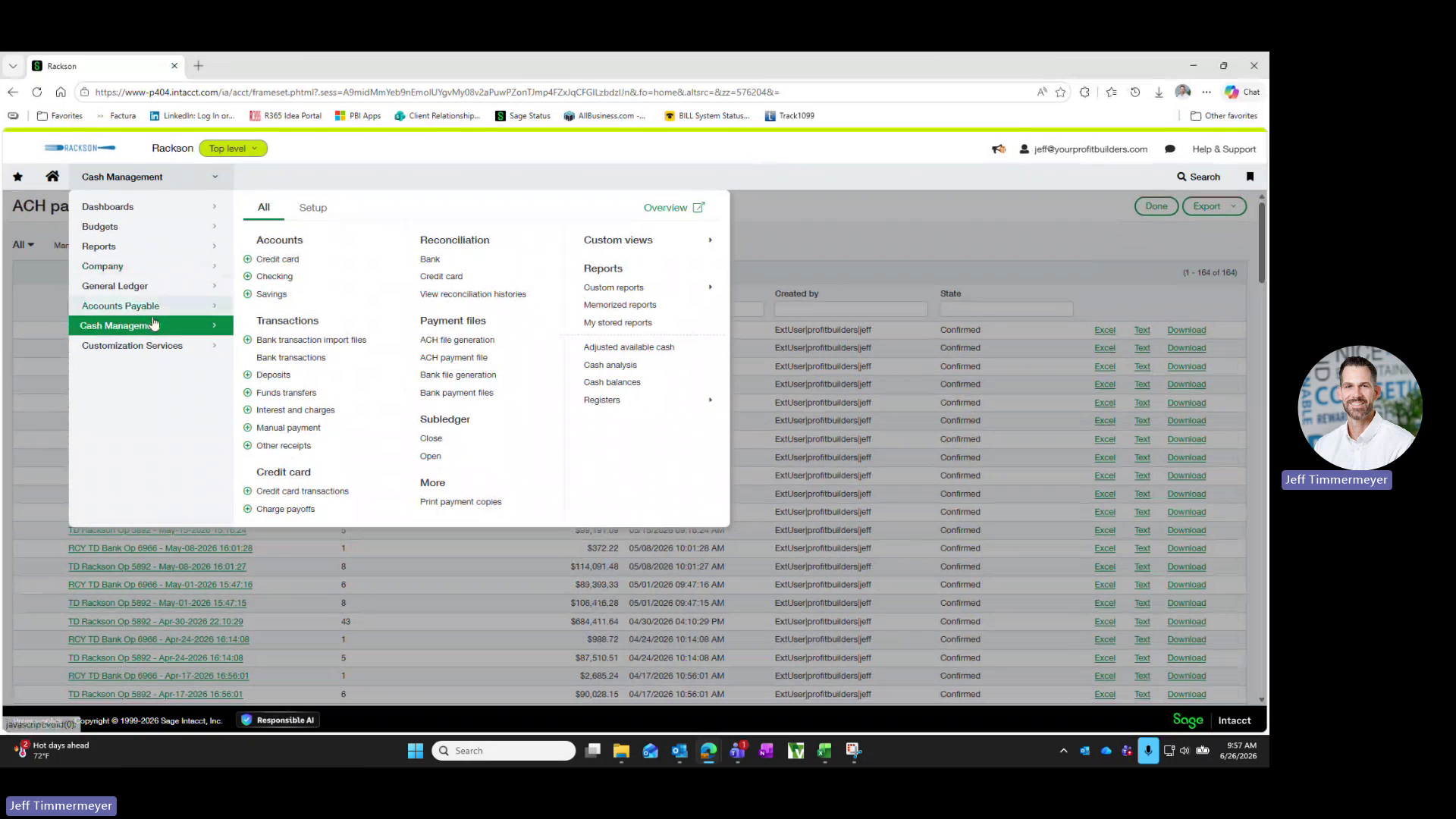Sage Intacct cash management menu with ACH file generation