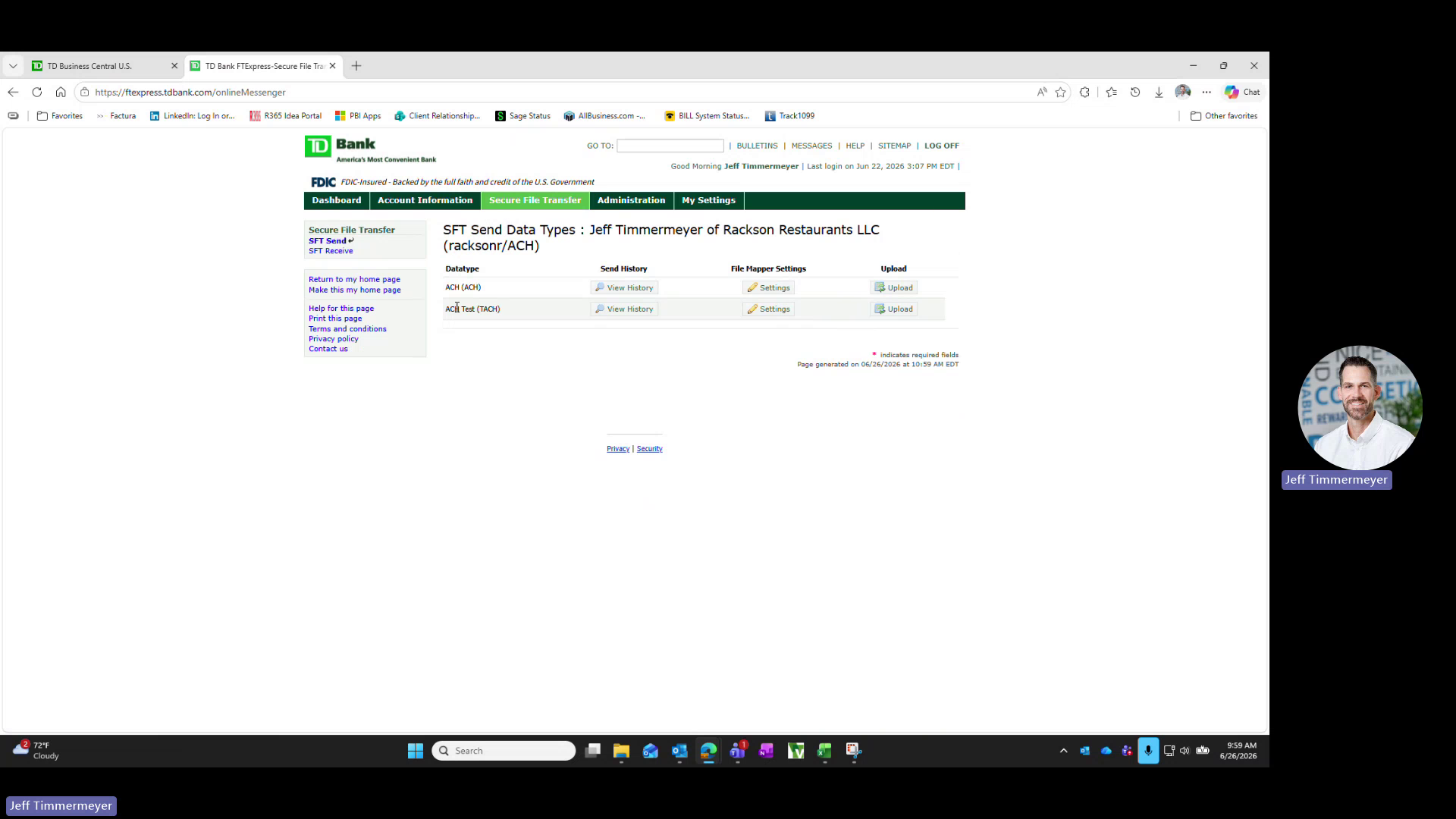 TD Bank SFT Send data types screen with ACH and ACH Test options